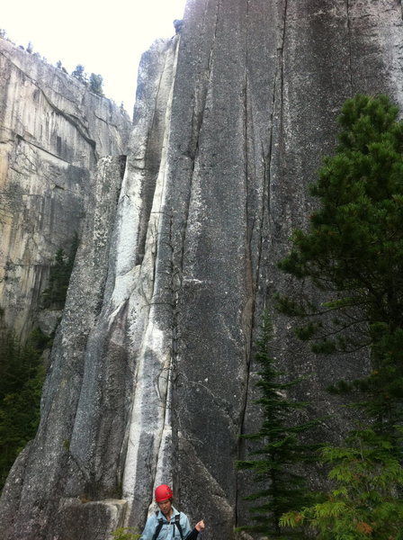 Crux pitch of Squamish Buttress is in the white streaked dihedral. There are two 5.12 cracks to the right.
