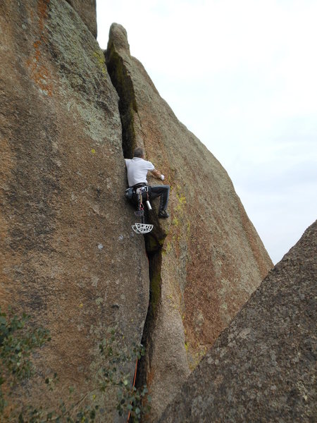 Standard Vedauwoo gear near the crux of Crack to Nowhere on the FA.