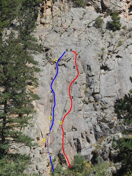 Ophidiophobe is the route on the left. Yellow dots mark gear placements.