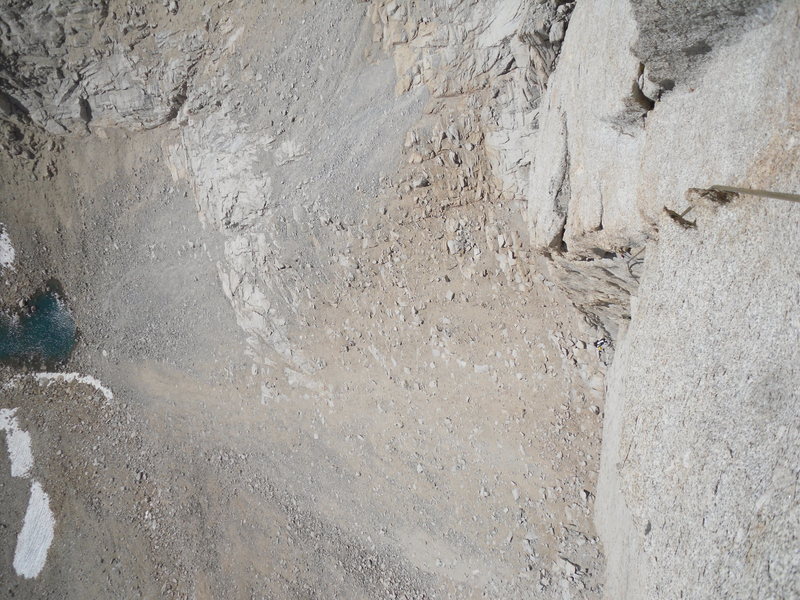 Looking down all 200 feet of pitch 5. If you look closely you'll see the yellow helmet of the belayer