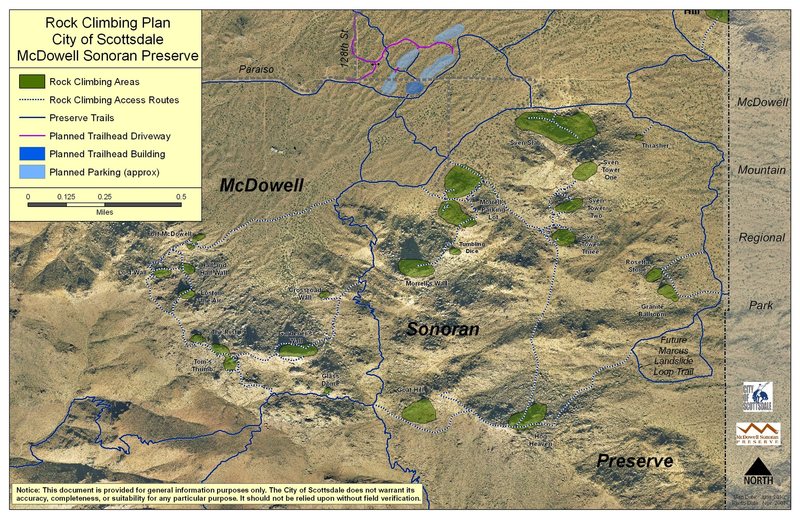 This is the new official rock climbing plan for the McDowell Sonoran Preserve, an area owned and managed by the City of Scottsdale. See previous comment for details on the official climbing policies that have been adopted.