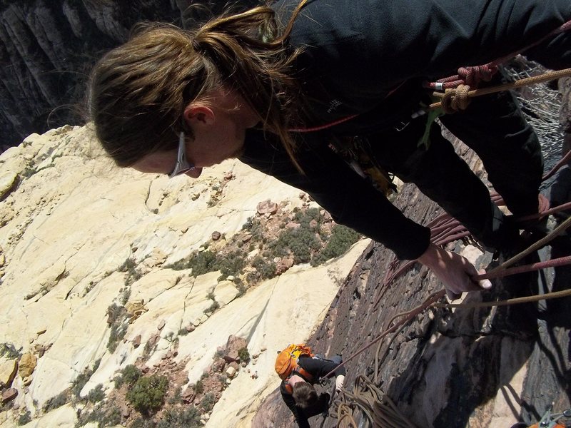 Pullin Chris Brunner up the excellent 4th pitch of Armatron 5.9 Brownstone wall juniper canyon, red rock nevada.