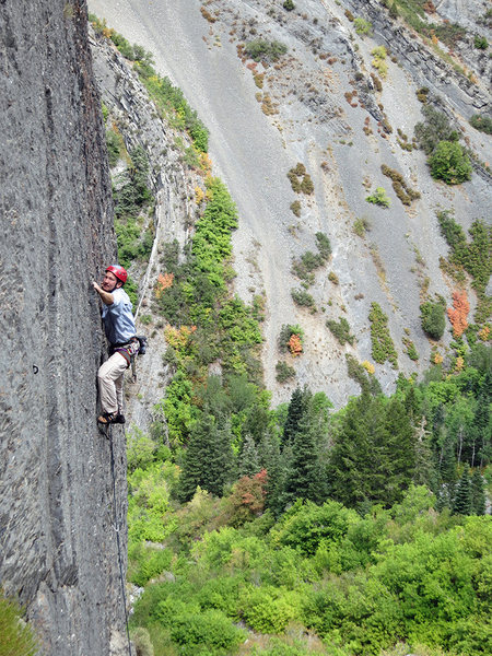In the upper, slightly-less-steep section.<br>
<br>
Photo by Thomas Holmes.