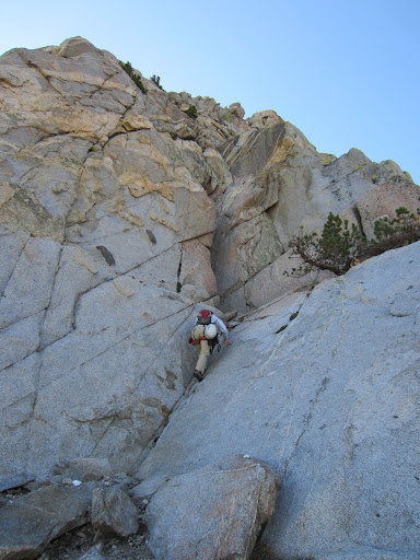 Crystal Crag, North Arete, route starts in chimney at top of ramp (just above climber in this picture)
