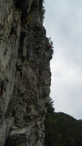 Climbing the arete.