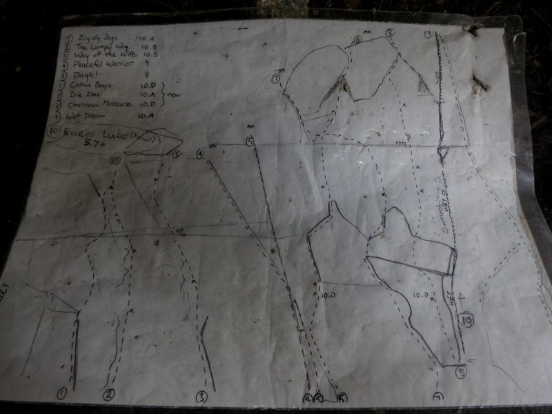 Routes at Cabin Boy's Office. Located at base of the crag. 8/2012. 