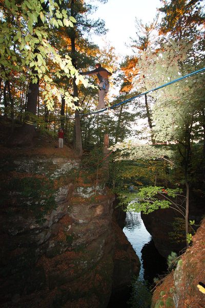 Poor photo/ light quality, but here is a shot of Chris Keller walking the high line we set at Pewits Nest last weekend.
