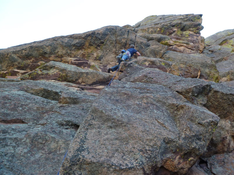 Approaching the crux roof.