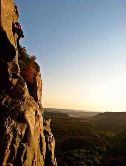 Myself on the difficult traverse section of Susies Wild Ride. 5.8+.