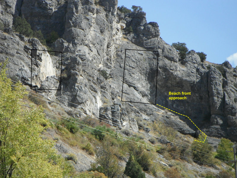 both walls. the split rock on the left and the cave and the cave approach on the right.