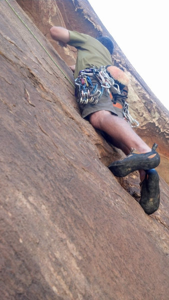 The pitch 4 crux traverse.