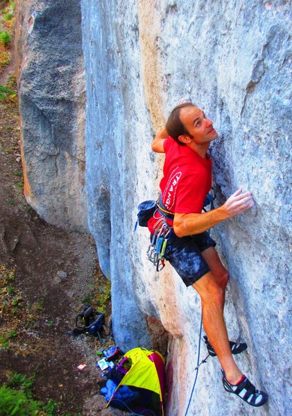 Gunning for a big pocket above the opening mono boulder problem.
