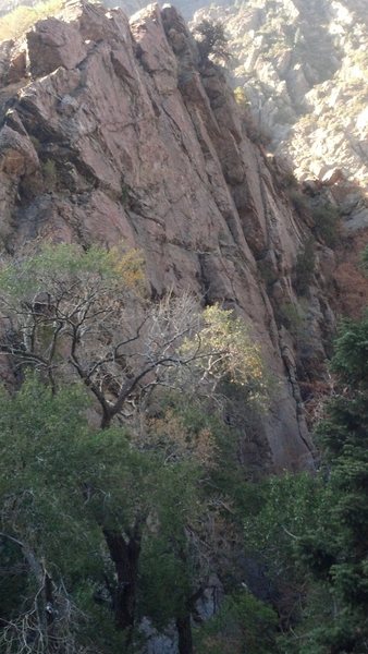 Another view of the Zombie Corners. Chalking Dead climbs the prominent corner at the top right.