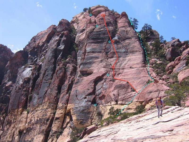 Another possibility:<br>
scramble up to belay at the first red oval. long pitch up the crack until the crack ends and ~20' above there's a decent ledge with a few scrub oaks.<br>
The second pitch follows a pocketed groove up and slightly to the left. ~55m long<br>
From the top of the 2nd pitch, we coiled the rope, moved left and found an easy gully to the summit.