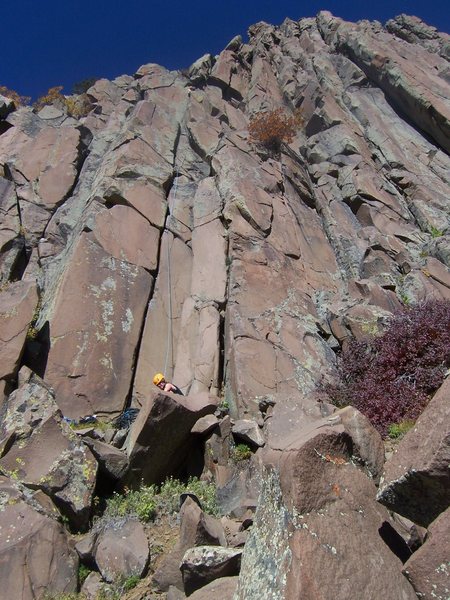 This is what the route looks like after the leader has pulled up one of two double ropes before the belayer had a chance to tie in - DOH!