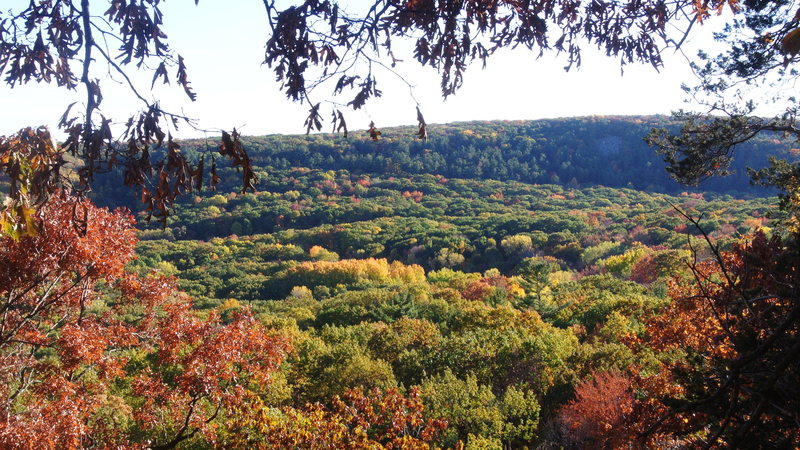 I try and post one every year around this time. South Bluff in nice fall colors taken from base of White Wall, West of the Quarry Rocks, East Bluff DL 10-07-12.