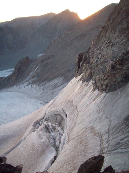 Bergschrund on Dinwoody Glacier below The Sphinx.  Sunbeam peak in background.