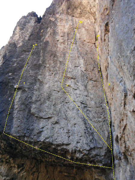 left to right:<br>
1. Vulcan Crawl 5.13a<br>
2. Gang of four 5.11a<br>
3. Dihedral Crack 5.9 Trad 