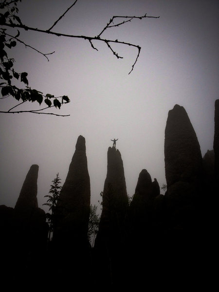 Ryan atop the Tricouni Nail after a misty rainy ascent on Memorial Day weekend.