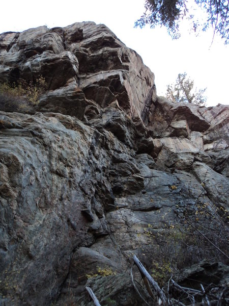 This shows the bolted line on the left side of the cliff. It has 8 bolts and is fairly steep on the upper half.