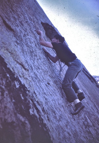Lee Harrell et al put up this climb in the late '60s. Shortly thereafter, the Gleason brothers and I got the second ascent in 1967. Here's Paul working the moves.