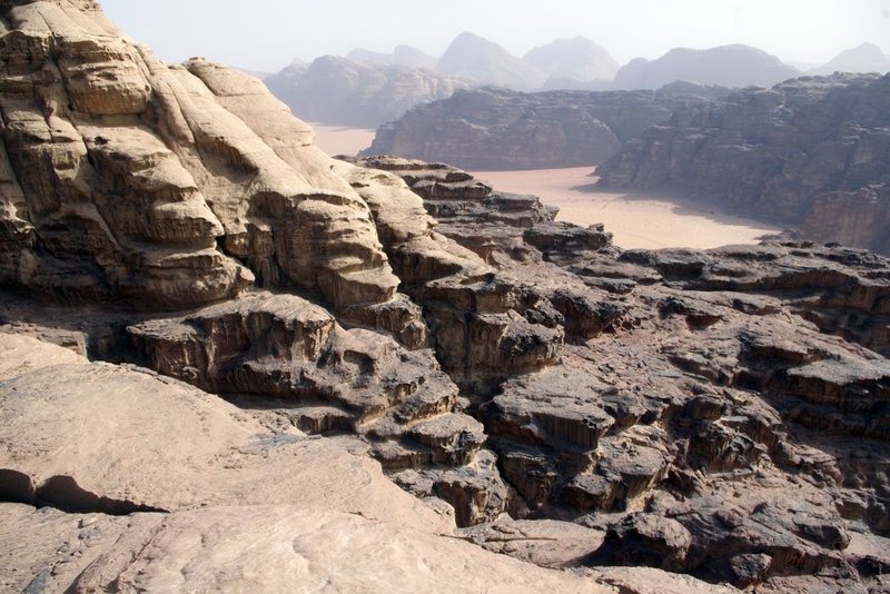 Typical terrain on the lower part of Sabbah's Route (III, 5.6), showing the transition between the lower Um Sahn sandstone and the upper Rum sandstone, Wadi Rum, Jordan, March 2012