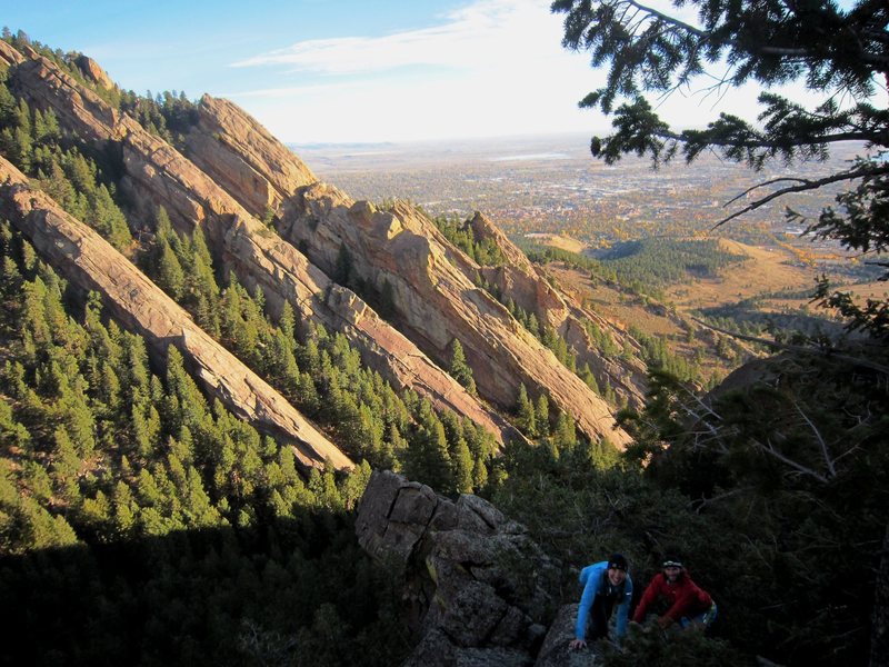 Lindsay and Jason a few hundred feet up the North Ridge, coming up out of Skunk Canyon. Photo by Tony B, 10/2012.