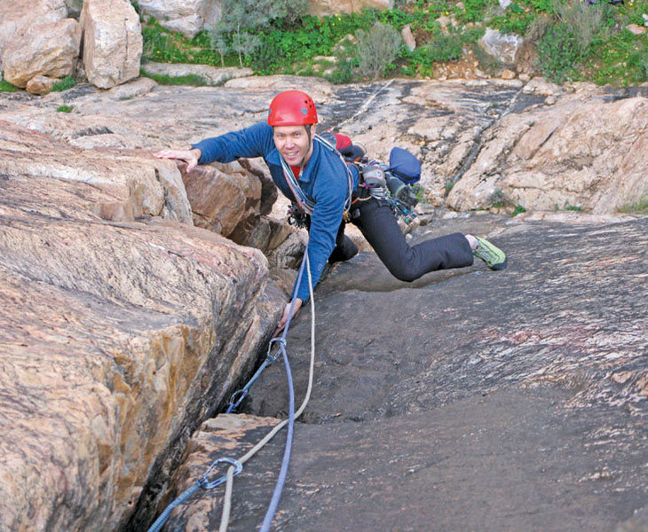 David Barlow on Senility Crack 5.9, at Tramline Slabs on the Tizi Escarpment, photo Pete Johnson