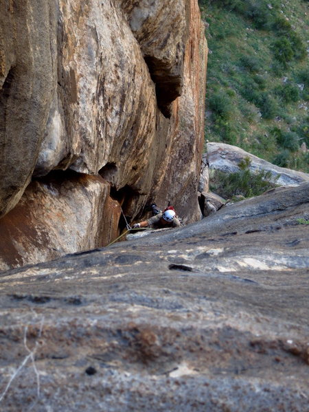 Nathan following the chimney on P4. <br>
<br>
Photo: Corey Gargano