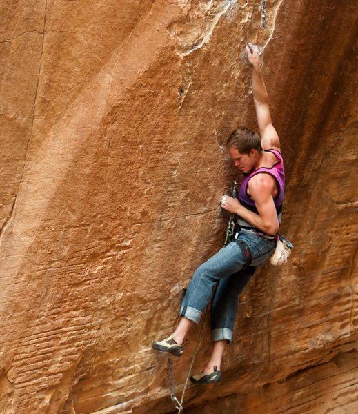Pre-Crux climbing on Sunsplash.<br>
Photo Credit - Zach Wolfe