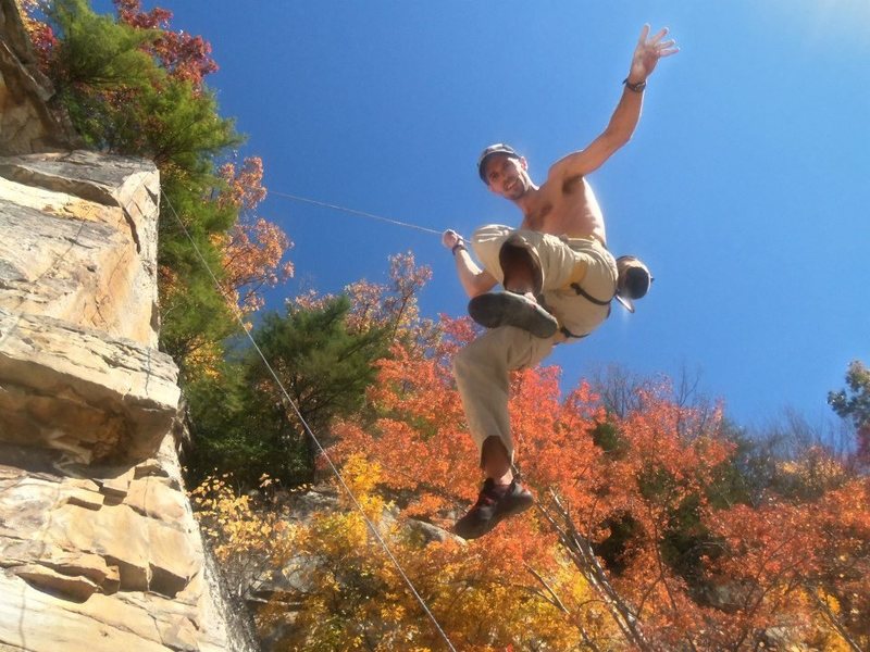 Getting lowered on an unknown new 12a/b route just to the right of flounder. summersville lake