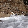 Nov. 3, 2012. Meagan Buck topping out the steep part of Columbine Falls. WI2 to the top. About 95ft to the top.