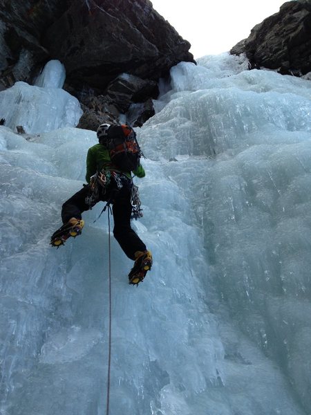 The first pitch in fat conditions. The approach in 2012 fall season was all scree - no snow slogging. The low angle ice above was also fat and fun climbing.