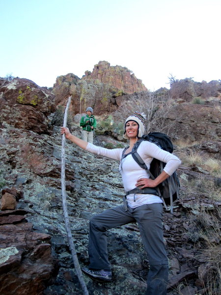 That was the best stick ever! (On the descent from climbing the beautiful butte behind us)