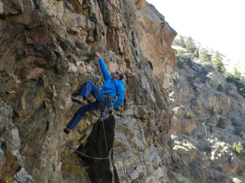 Angus on first roof of The Green Zone. Long slings help.