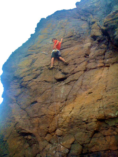 Half-way up on the first ascent of Burd's Eye View.