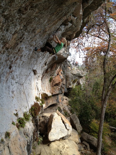 Rachel making a weird cross clip in the middle of the route.