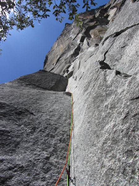 Looking up Pitch 1 of the Prow. JP on lead.