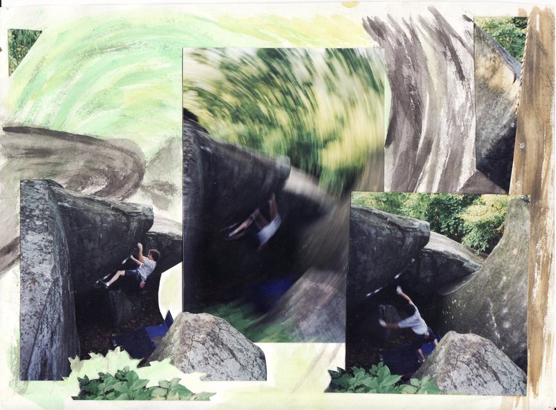 An art project that a friend created featuring myself climbing the Bullet Room problem (V6) around 2003.