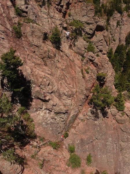 Pic is from the top of 606, of Larry on belay for Evan leading Runnel Runner.