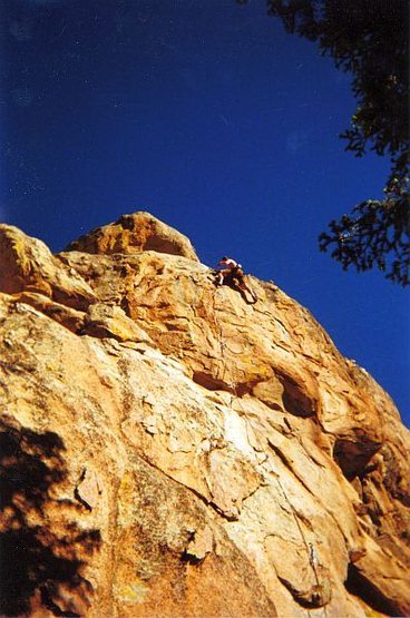 Golden light on Ricochet (5.10a), Holcomb Valley Pinnacles