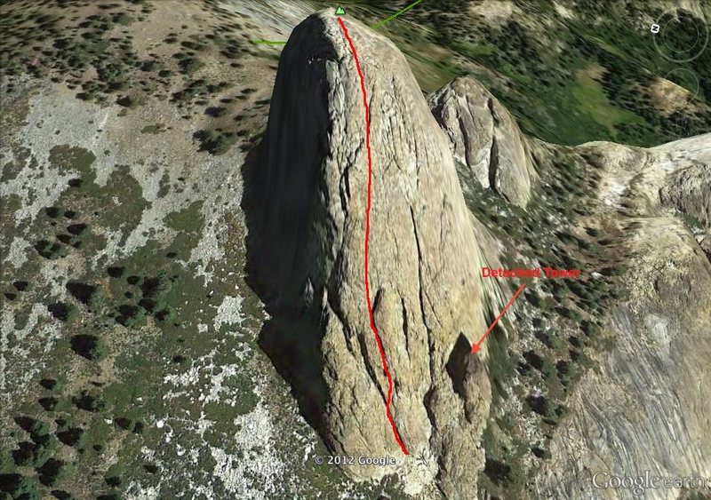Approximate West Face route from space!  Arrow points to the detached tower.