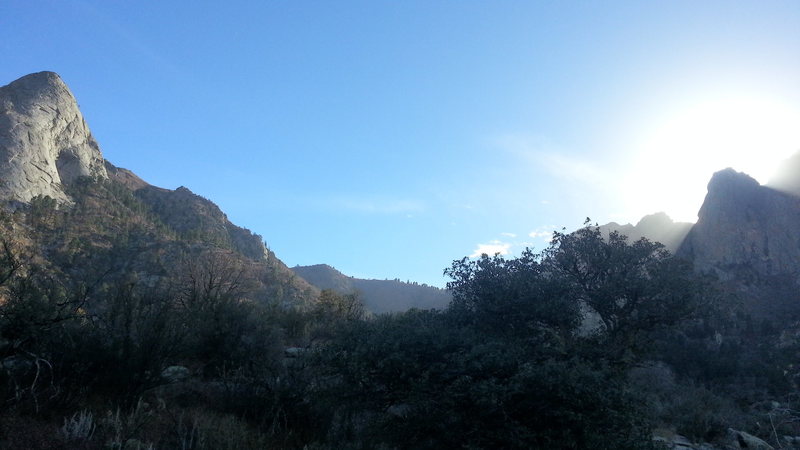 16-Nov-2012. Basecamp ~ 2/3 way up trail to Sugarloaf. Sun setting behind the Organ Needle (I think). Forecast had high 60s, sun & 0% precip for a week. Held true for that day & the last. Organ weather didn't agree at all with either Las Cruces or White Sands forecasts for 3 days in between. Cold, windy, wet. Always come prepared. woops.