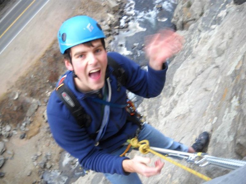 At the hanging belay atop Pitch 1. Trad gear will allow you to belay from a ledge 10 feet below.