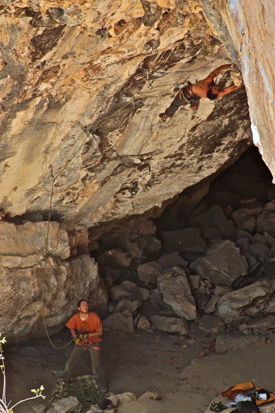 A photographer traveling with pro climber Dani Andrada managed to get this shot of me hucking the dyno on La Violencia 8a/Tecolote Cave