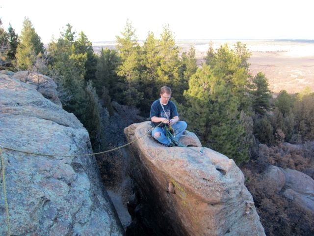 Yeah, I made Wade give me a belay. I didn't feel like having a misstep send me down the chimney or down the face. at Castlewood Canyon State Park.<br>