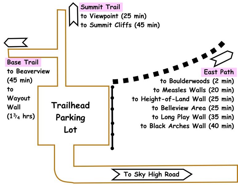 Diagram showing directions to various crags on Crane Mountain