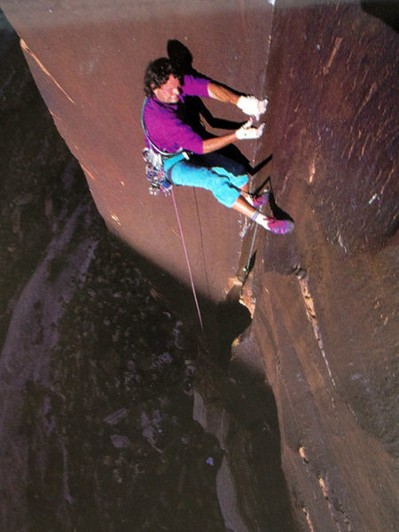Craig Lubben laybacking the "calf lock" section. Yeah right!<br>
<br>
Photo: Jeff Achey from climbing #179
