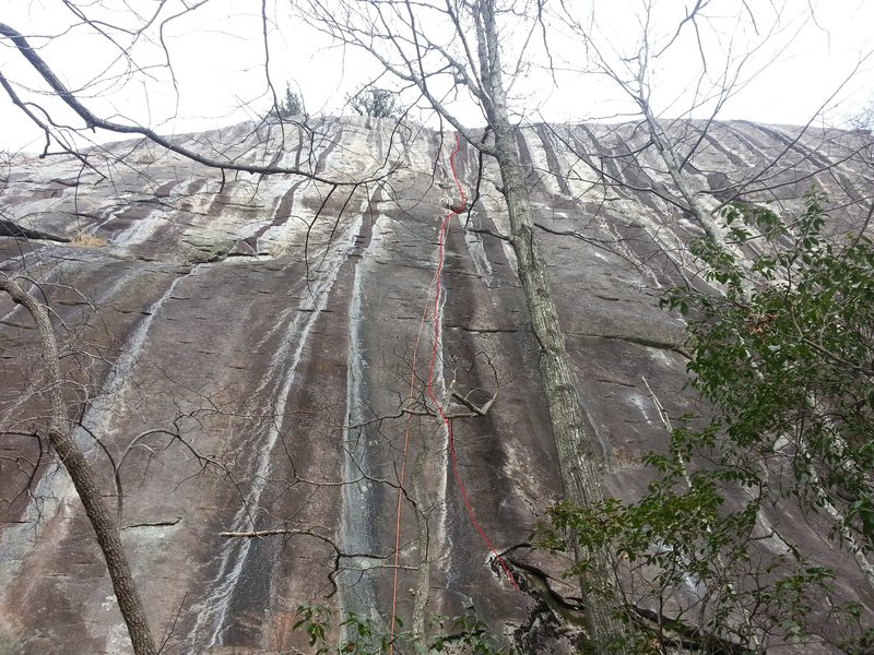 Red is the line without the intermediate belay.  The white dust out right are the newly replaced Happy Camper bolts.