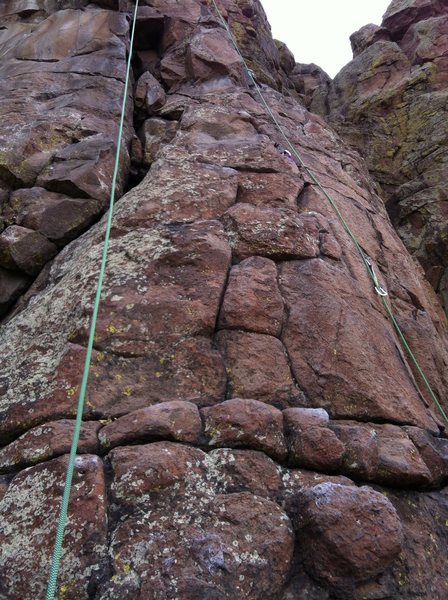 This is the most runout section. That first bolt is about 15' feet up. In the middle I put a #0.75 Camalot, and then after that is the 2nd bolt, perhaps 15' feet up from bolt #1, but it's easy terrain.